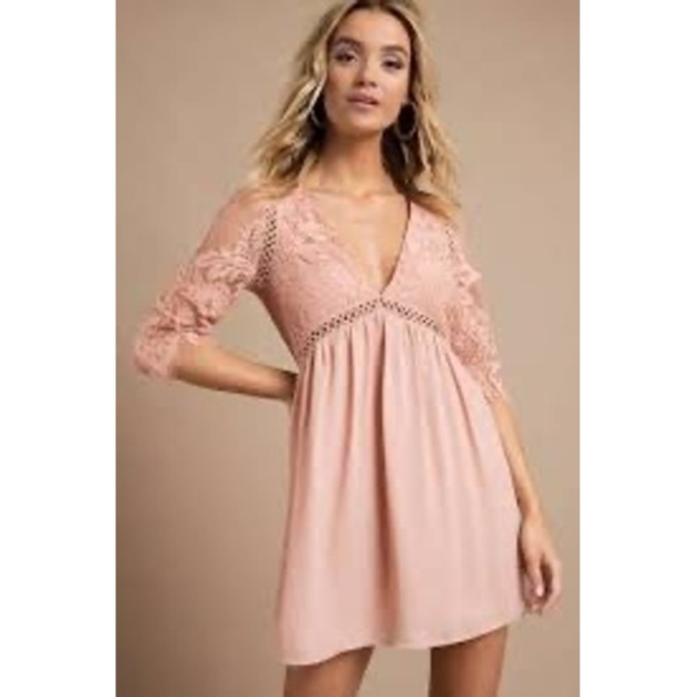 TOBI Lace‎ Babydoll Dress Blush Pink V Neck Sheer Sleeve Boho NWT Size S Summer